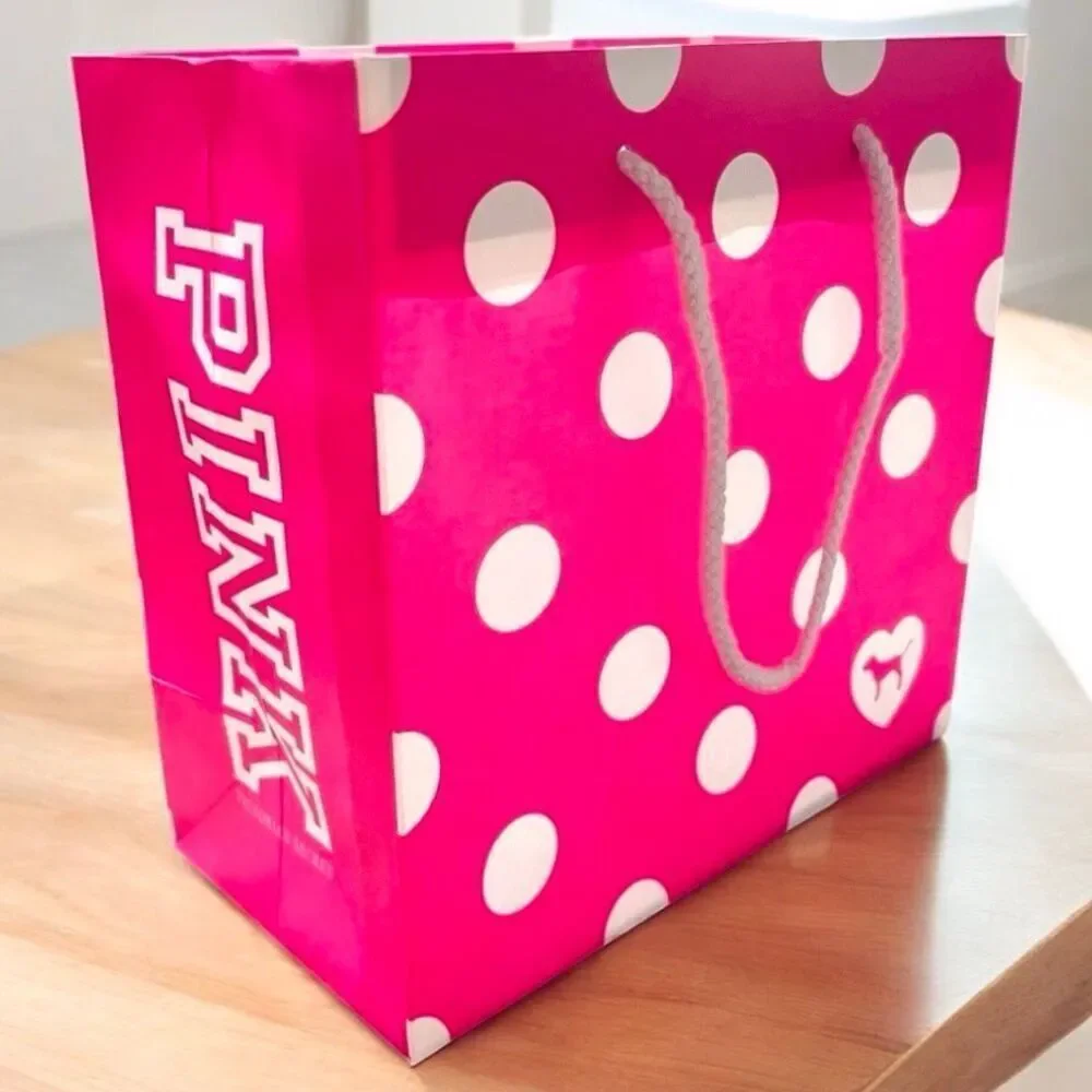 New 4 Victoria's Secret PINK Polka Dots 8”Hx8”Wx4.5”D Paper Gift Shopping Bags